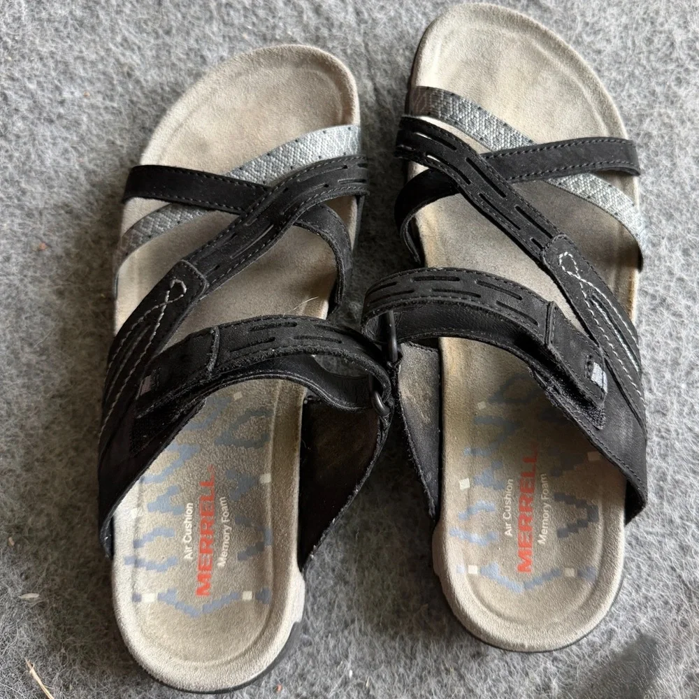 Merrell Black Leather Comfort Slide Sandal Air Cushion Select Grip Women Size 6 - Picture 1 of 3